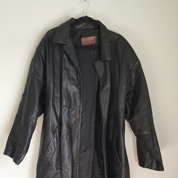 VINTAGE Men's LEATHER DUSTER TRENCH COAT Sz 2XL 54" Long Lined - Picture 1 of 7